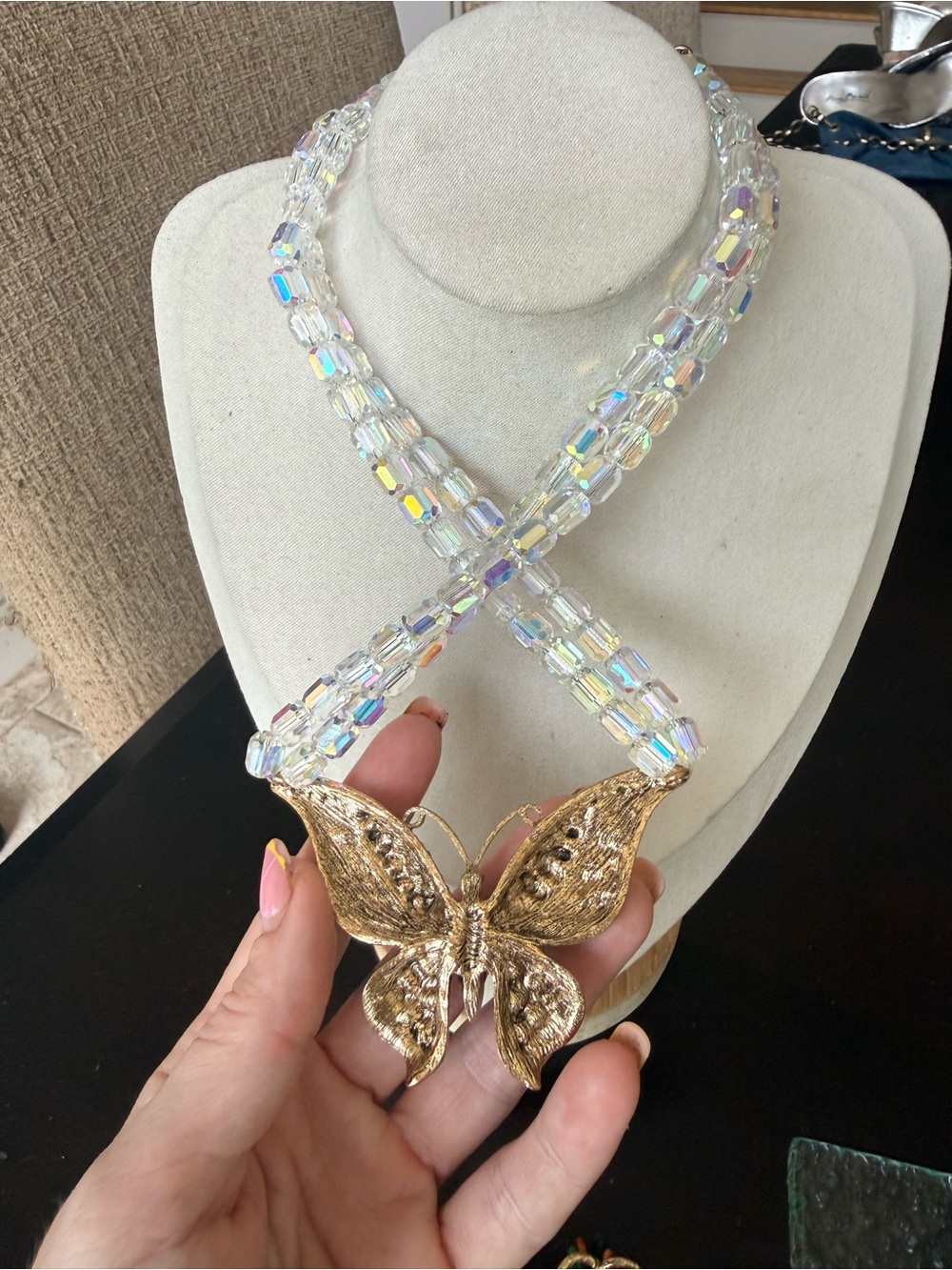 Iridescent Crystal Double Strand Butterfly Statement Necklace by Aurora Borealis - Picture 5 of 7